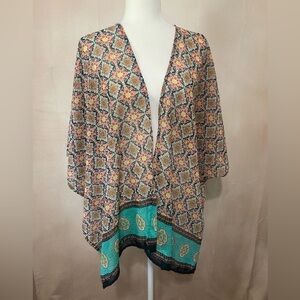 Penelope women's L multi color short sleeve kimono/topper EUC